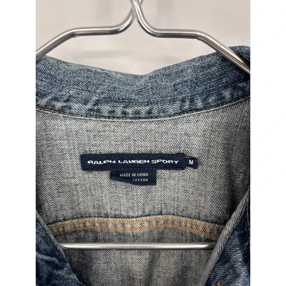 Ralph Lauren Sport Jean Jacket Womens Medium Denim Cropped Trucker Distressed - Picture 2 of 11